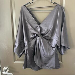 NWT Anthropologie Pleione Twist Front Blouse Satin Purple Kimono Sleeve Size M